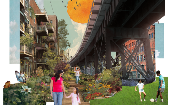 Reimagined image with people outside with buildings and greenspaces